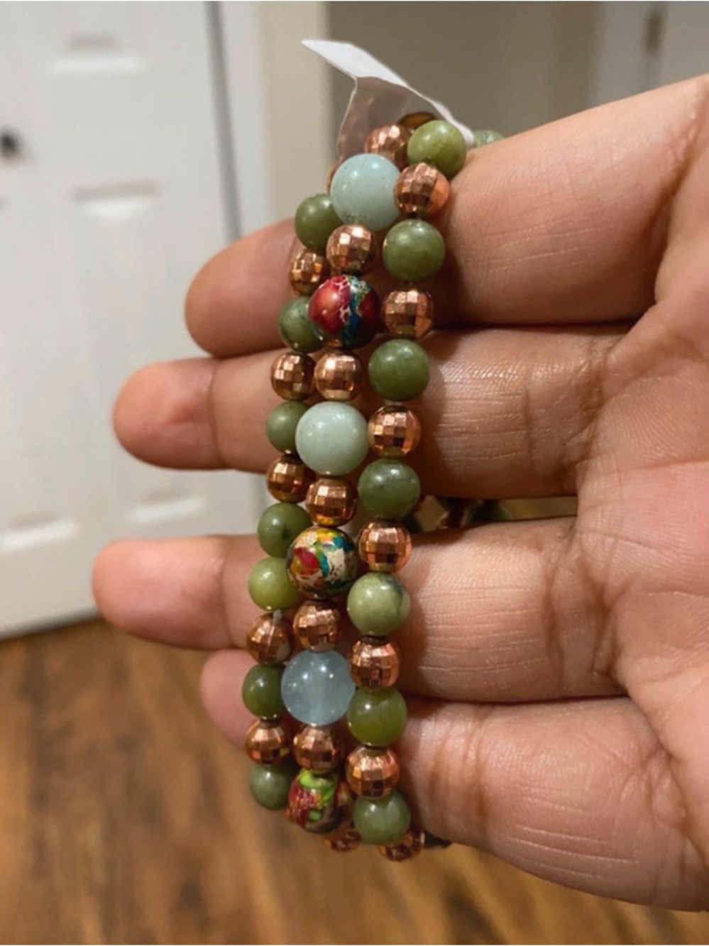 Colorful Sea Sediment Jasper, Amazonite & China Jade Healing Stacked Bracelets - Picture 4 of 6